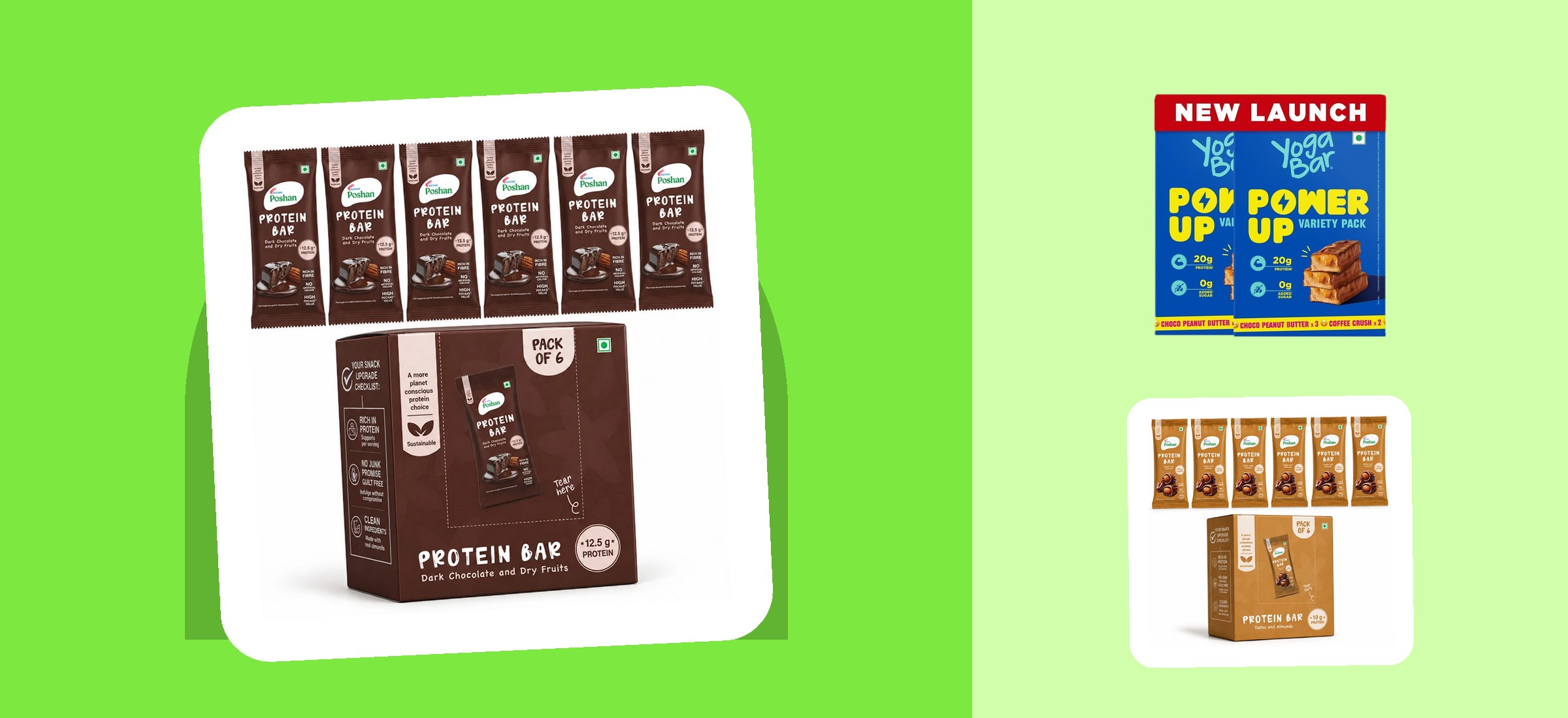 Six of the protein bar packs in this read of Flipkart's shelf, shown in their own listing photographs