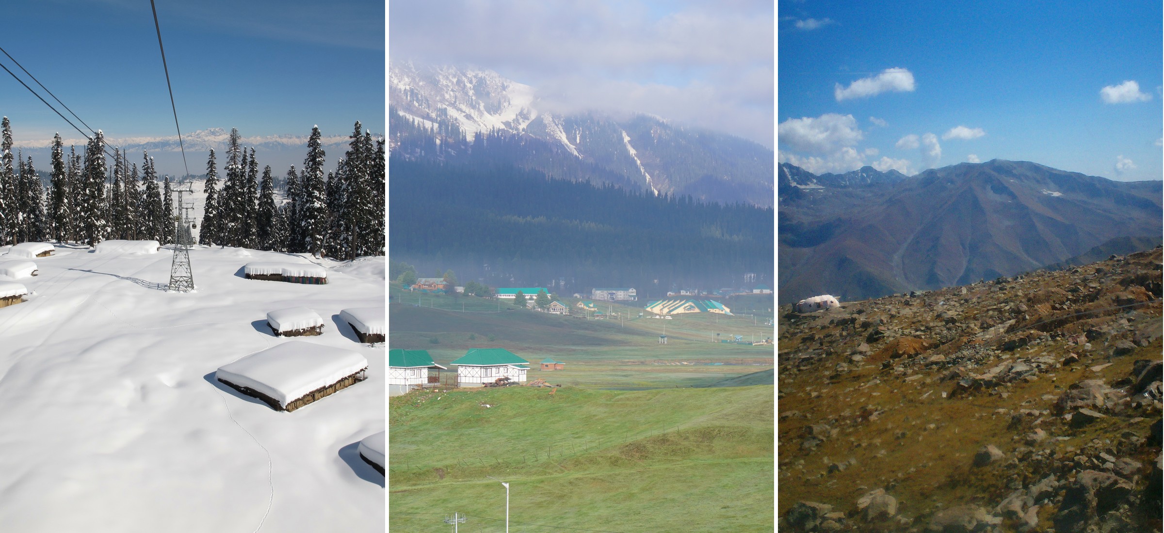 Snow-covered huts under the Gulmarg gondola line, green-roofed cottages on the Gulmarg meadow and the rocky Apharwat ridge — Gulmarg across its seasons