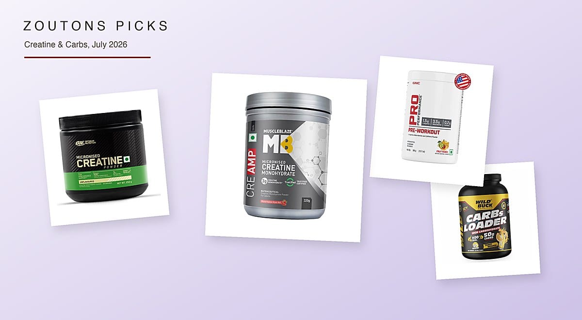HealthKart July 2026 Zoutons Picks collage — MuscleBlaze CreAMP creatine monohydrate tub, Optimum Nutrition micronised creatine, GNC Pro Performance pre-workout and Wild Buck carb loader