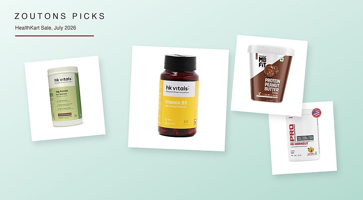 HealthKart July 2026 Zoutons Picks collage — HK Vitals Vitamin D3 capsules, HK Vitals Protein for Women, MuscleBlaze high protein peanut butter, GNC Pro Performance pre-workout