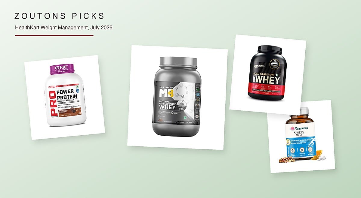 HealthKart July 2026 Zoutons Picks collage — MuscleBlaze Biozyme Performance Whey, GNC Pro Performance protein, ON Gold Standard whey and a sports multivitamin