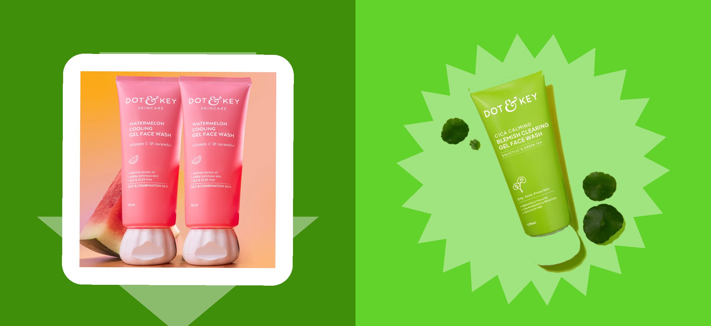 Dot & Key's Watermelon Cooling Gel Face Wash shown as the two-tube Pack of 2 alongside the Cica Calming 175ml face wash, on a colour-block background, for a page about Dot & Key combo and multipack prices