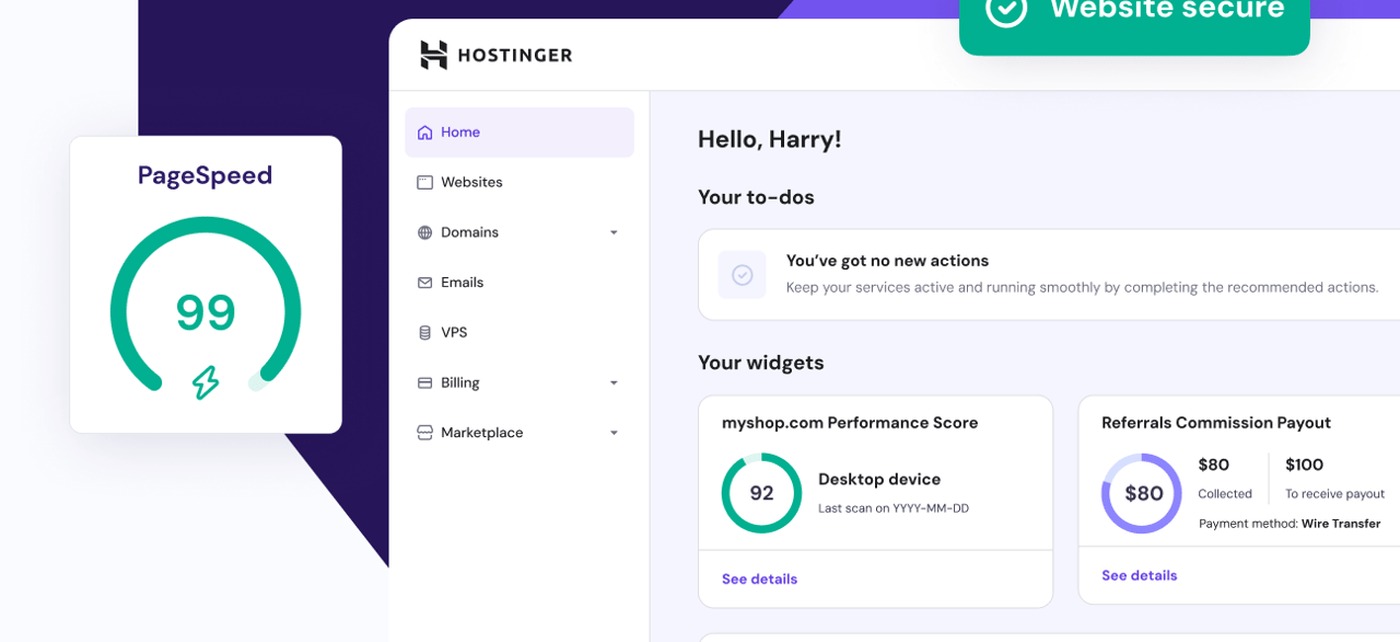 Hostinger's own hPanel dashboard creative showing the billing, domains and websites menu - the hosting account this 48-month plan cost read covers