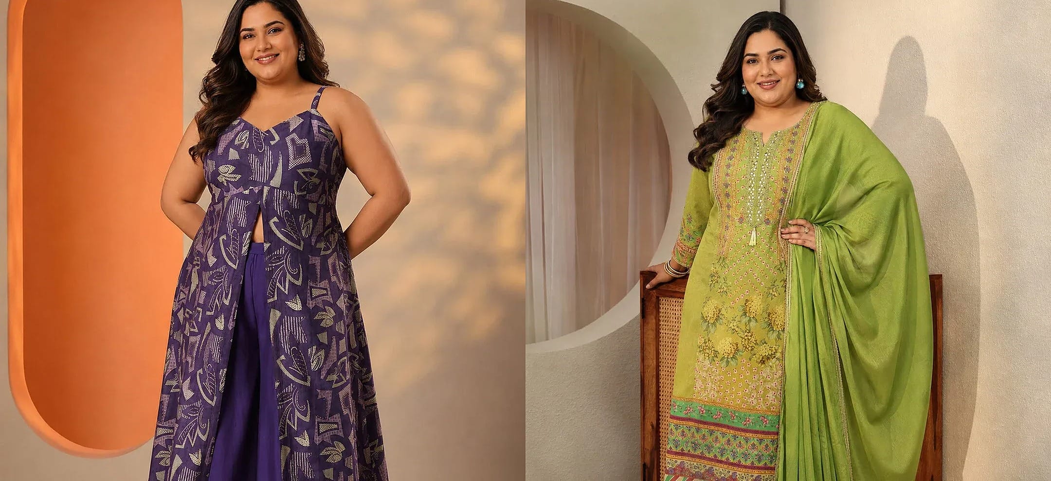 Libas August 2026 collage - plus size red embroidered georgette suit set, grey printed kurti, grey rayon A-line suit and Banarasi silk blend saree
