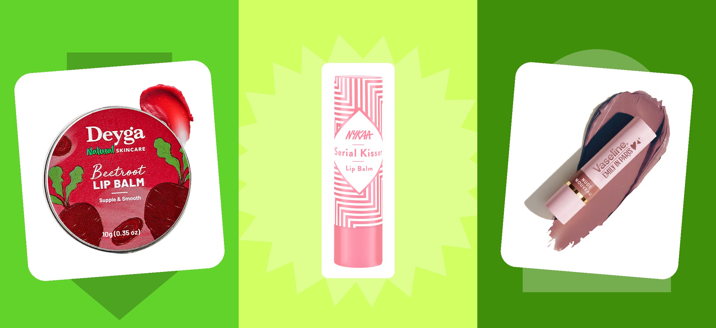Lip balm listings from this read - a Deyga beetroot tin, a Nykaa Serial Kisser stick and a Vaseline tinted balm - in their own Nykaa listing photographs on a colour-block banner
