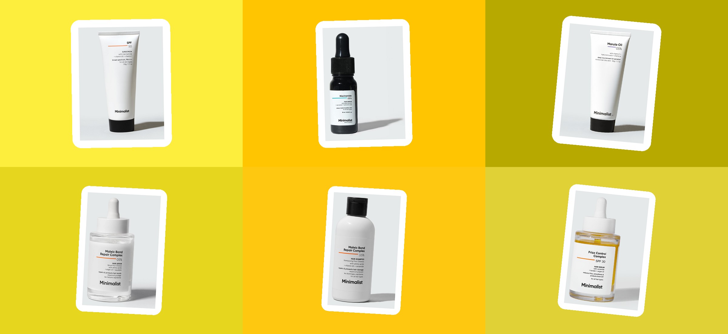 Six Minimalist packshots from this read - the SPF 50 sunscreen, Niacinamide 5% serum, Marula Oil moisturiser and Maleic Bond hair range on colour panels; this page prices Minimalist's full catalogue for August 2026