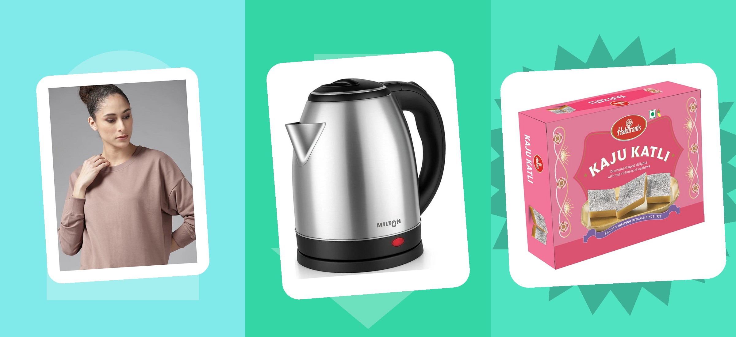 A sweatshirt, an electric kettle and a boxed sweet from three of the shelves this page draws on, in their own retailer listing photographs on a colour-block banner