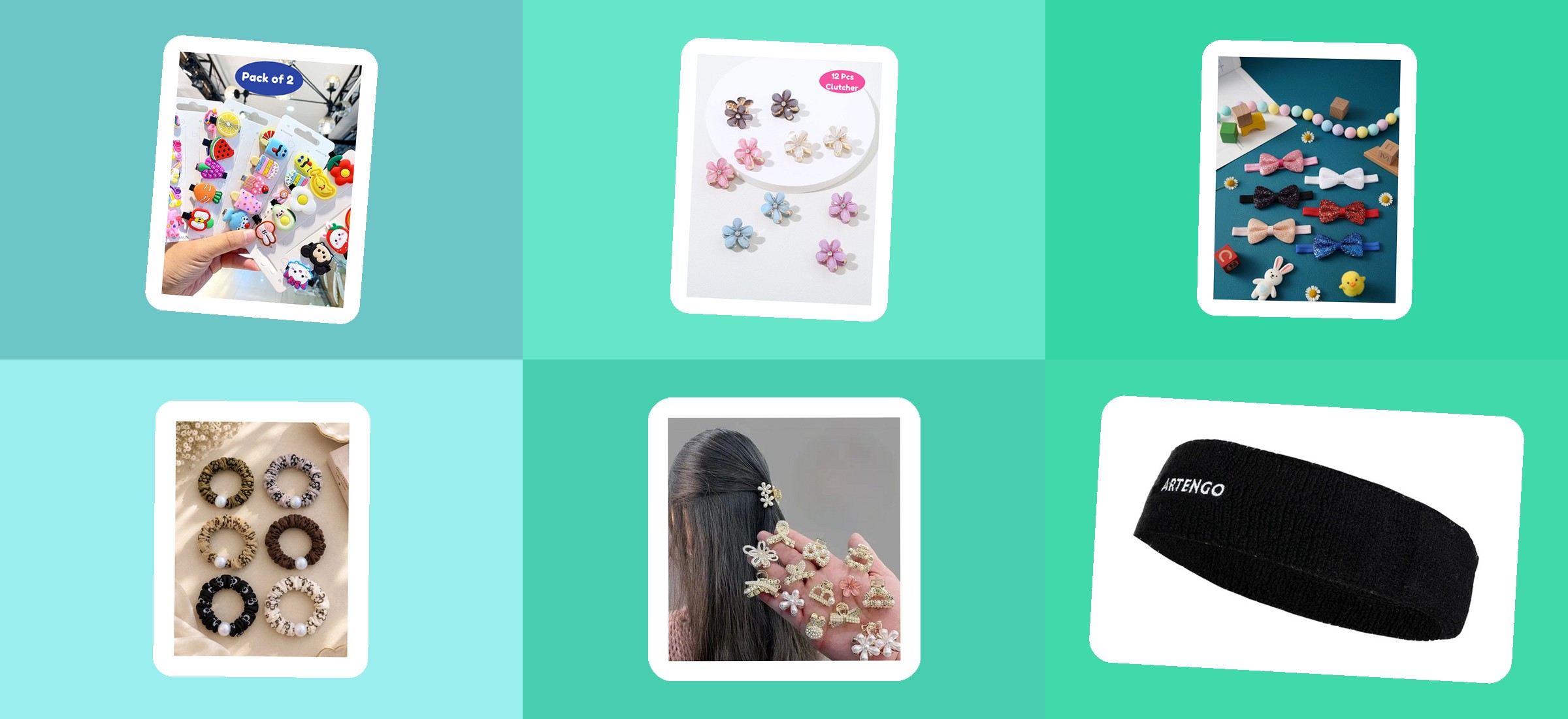 Six of the hair accessories and headbands in this read of Myntra's shelf, shown in their own listing photographs