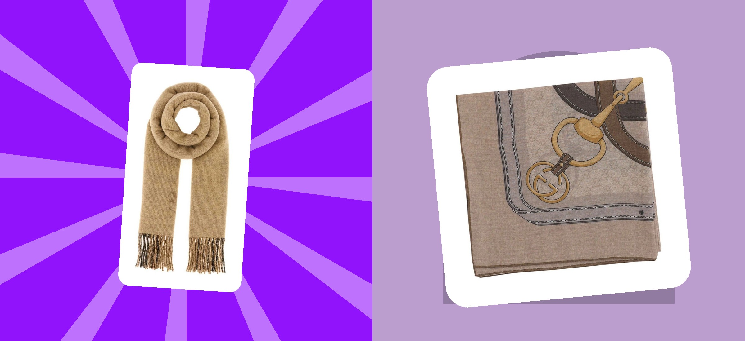 A Burberry fringed scarf and a Gucci printed scarf from this read, in their own Myntra listing photographs on a colour-block banner