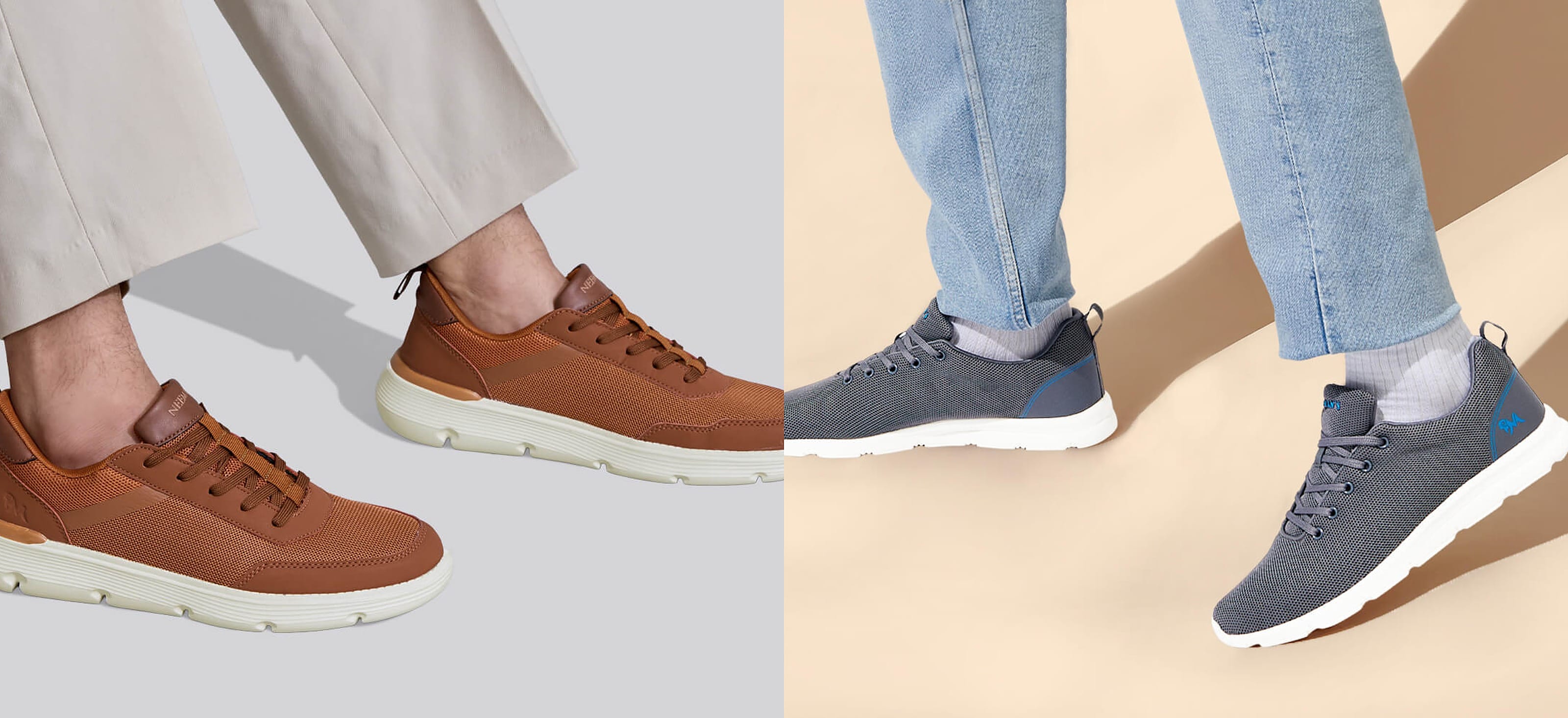 Two pairs of casual sneakers photographed on the foot, one tan and one grey - the sneaker and running-shoe categories this Myntra August 2026 price read covers, from Rs. 714 to Rs. 3,999