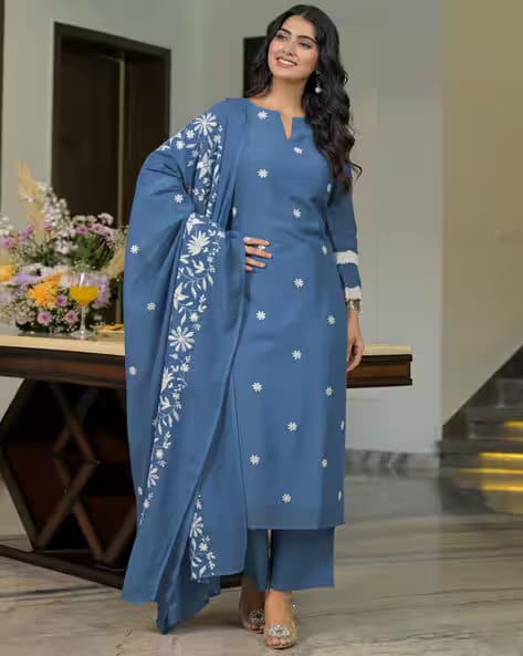 MYRIE Dusty Blue Women Embroidered 3-Piece Straight Kurta Set