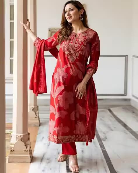 MYRIE Red Women Embroidered Straight Kurta Set with Dupatta