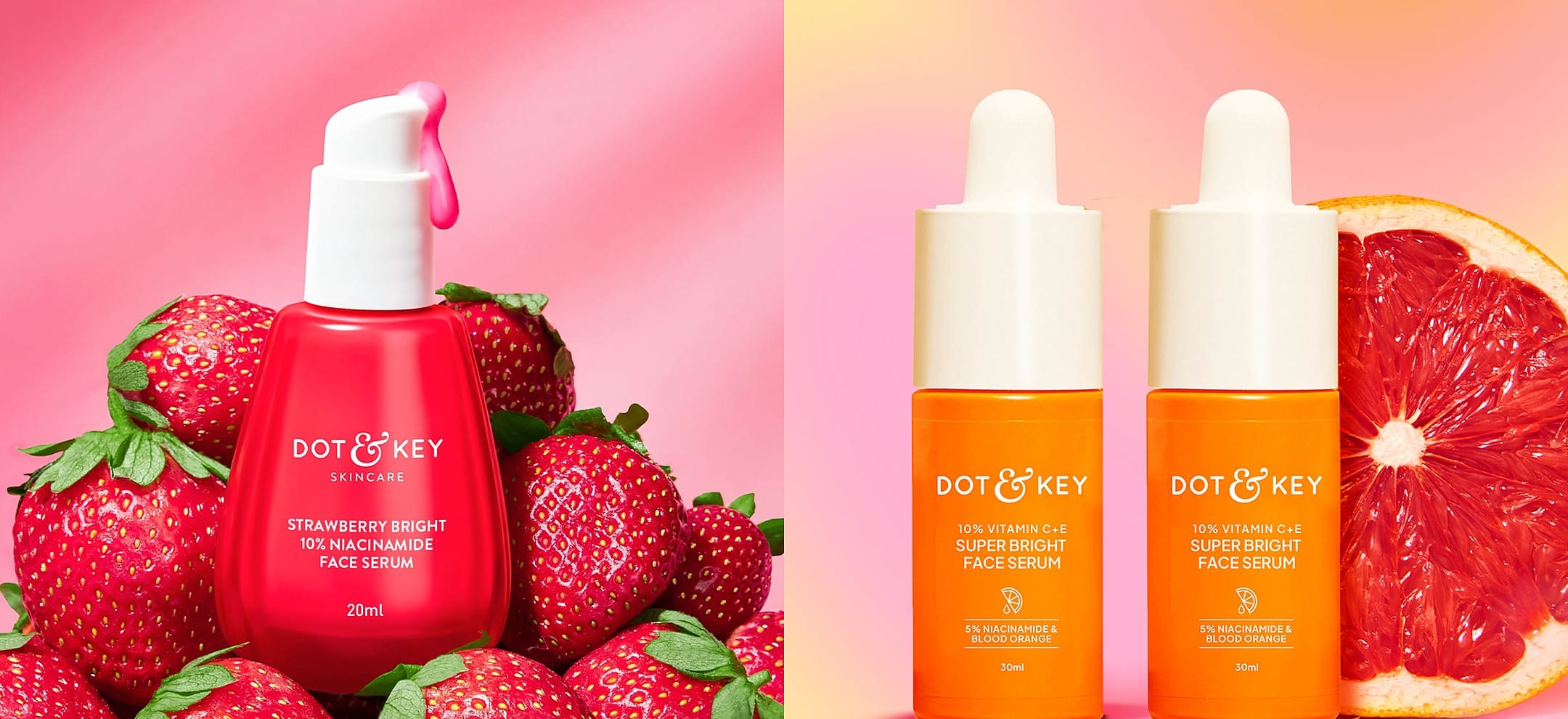 Two face serum bottles photographed with fresh fruit for a brand campaign - the makeup and skincare category this Nykaa August 2026 price read covers, from Rs. 66 to Rs. 1,520