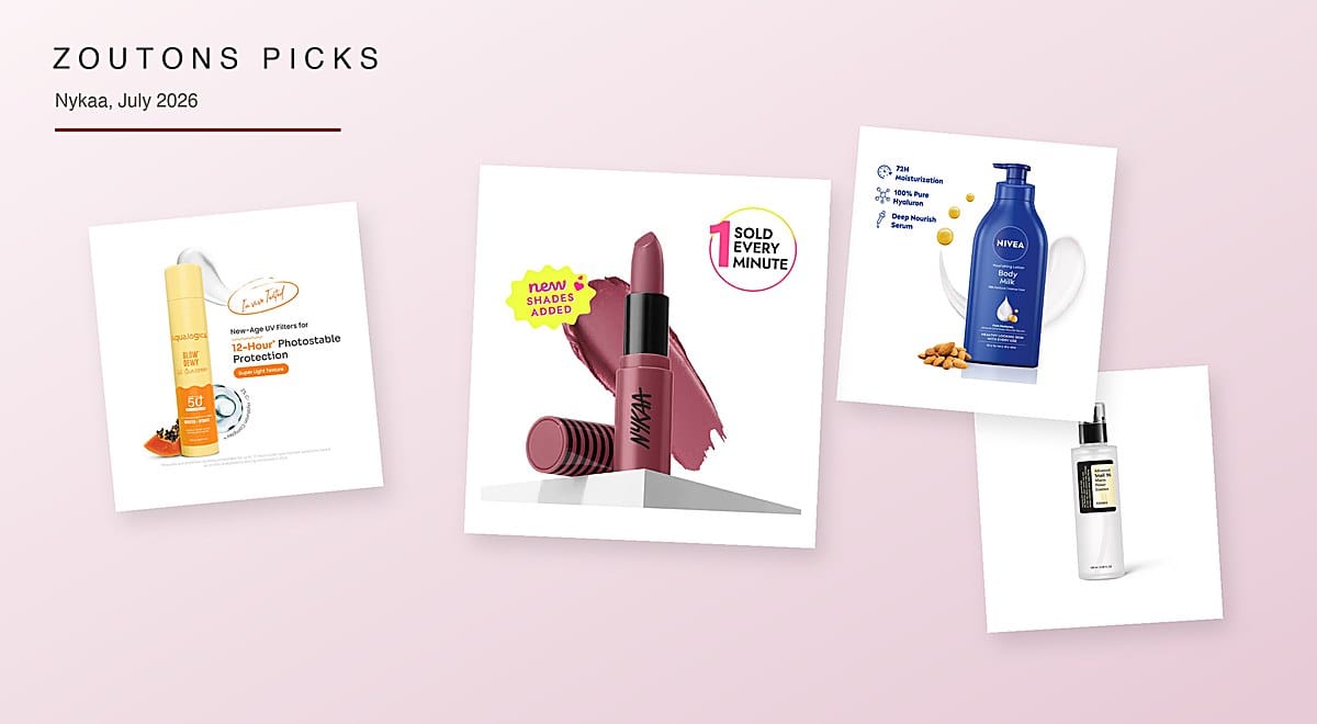 Nykaa July 2026 Zoutons Picks collage — Nykaa So Creme matte lipstick, Aqualogica dewy sunscreen gel, NIVEA Deep Moisture body lotion and COSRX Advanced Snail 96 Mucin essence