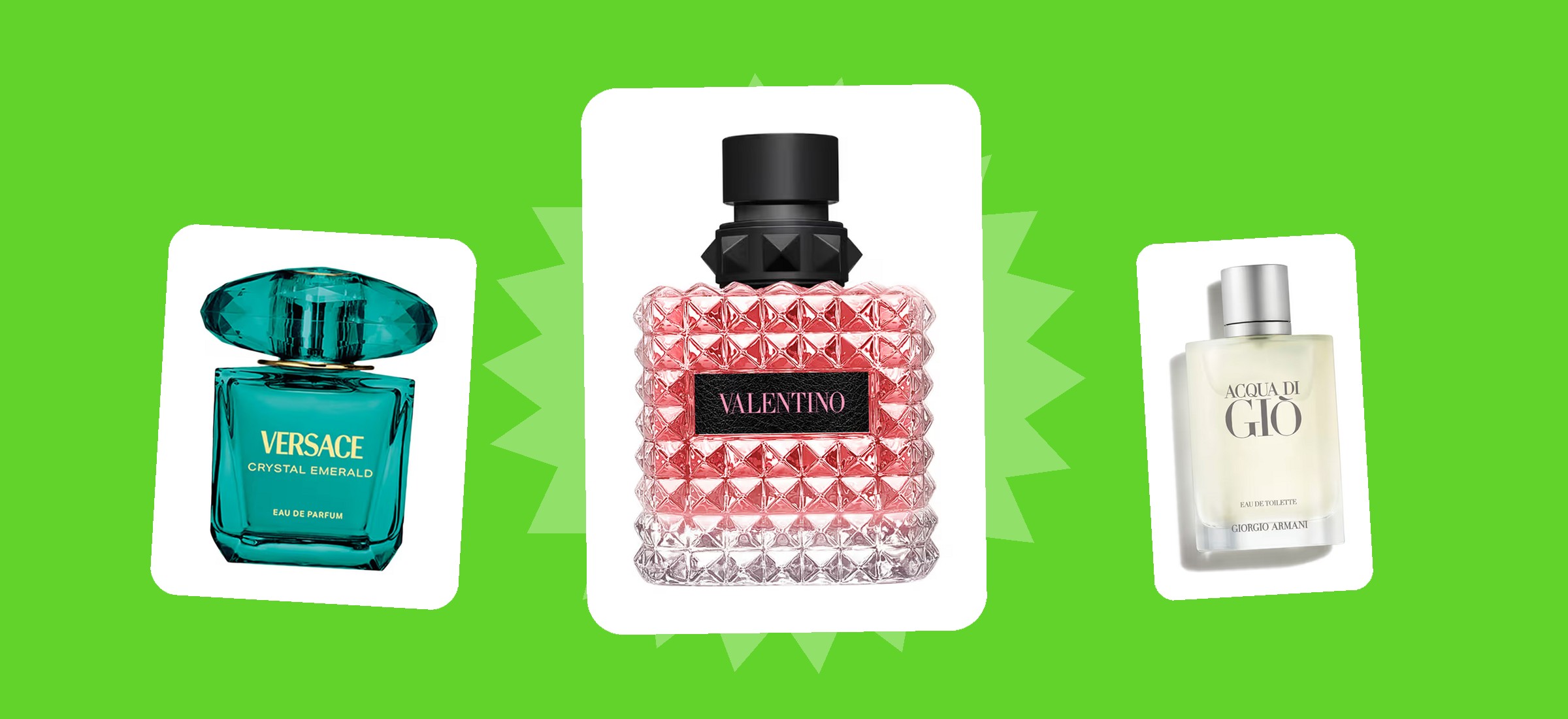 Three perfume bottles from this September 2026 read of Nykaa listings - Versace Crystal Emerald at Rs. 5,865, Valentino Born In Roma at Rs. 10,838 and Giorgio Armani Acqua Di Gio at Rs. 6,970 - shown as they appear in their own nykaa.com listing photographs