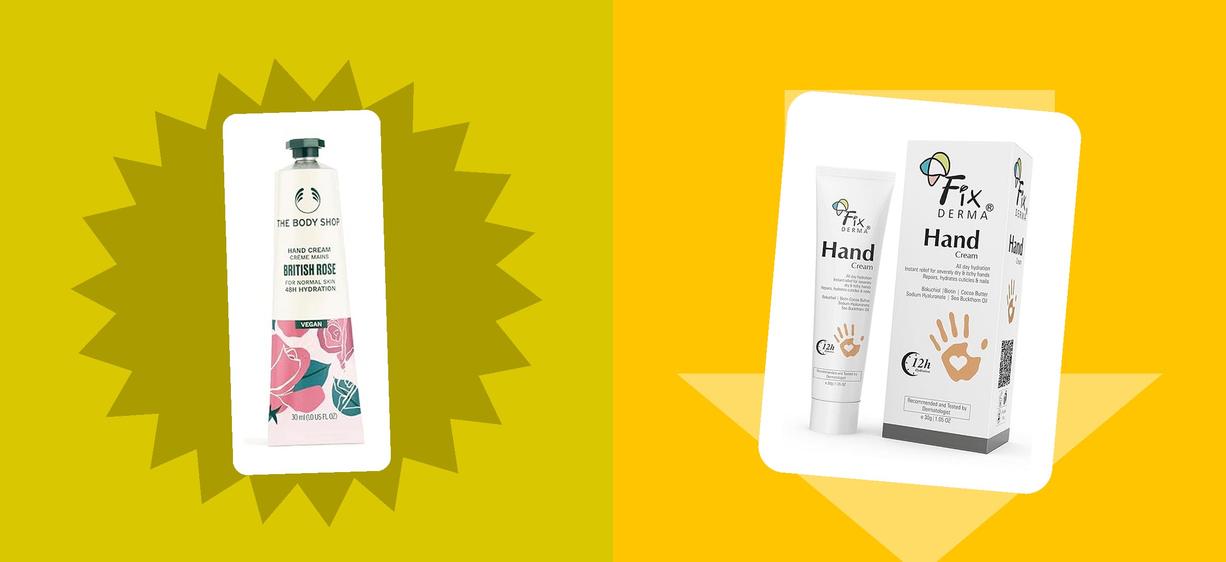 The two matched hand creams this page compares - a British Rose tube and a Fixderma tube - in their own Amazon listing photographs, used to illustrate a Nykaa versus Amazon hand cream price comparison