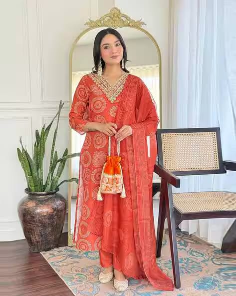 Nyrika Orange Women Embroidered Straight Kurta Suit Set with Dupatta