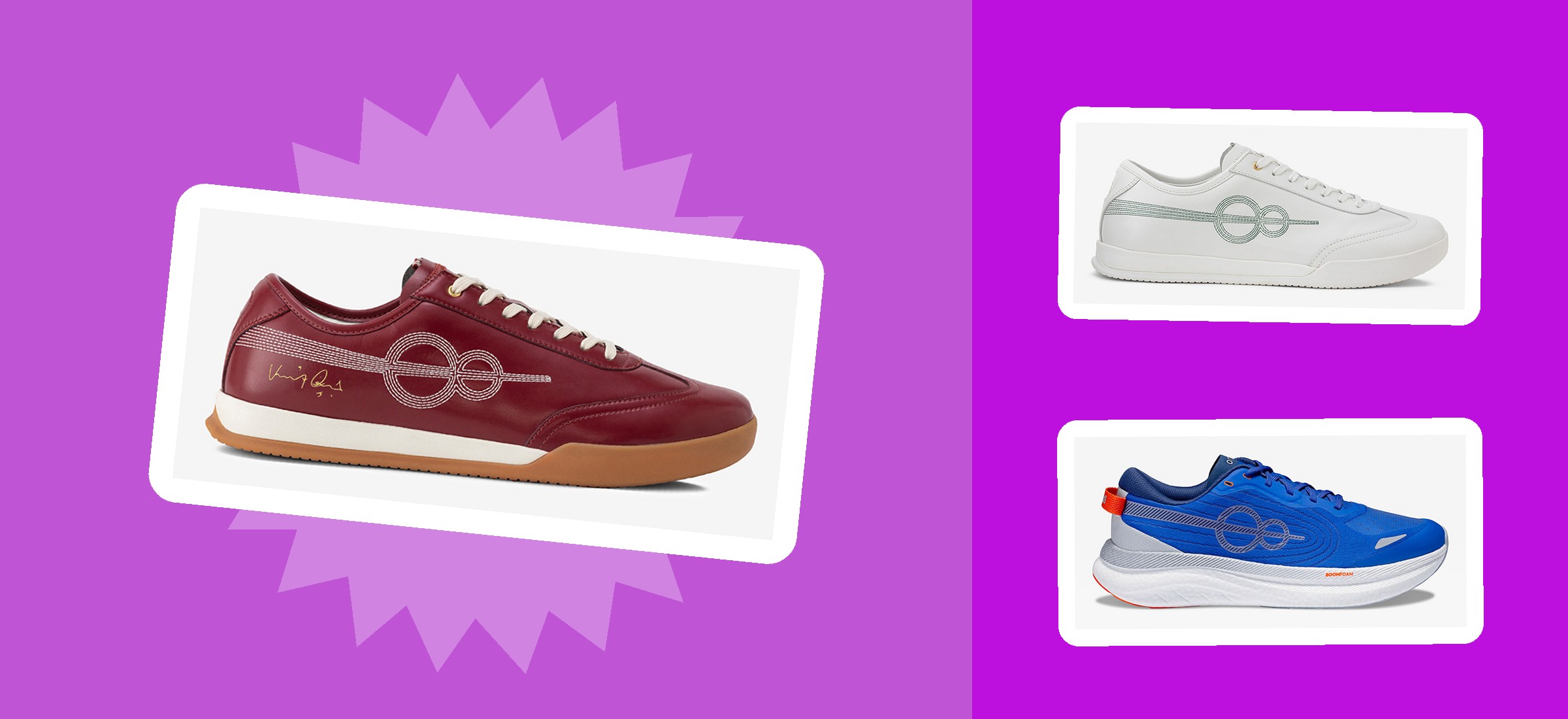 one8 footwear launch on Flipkart — Seam XVIII Signature Test Red sneaker, Seam XVIII OG white and Boom Rush blue running shoe