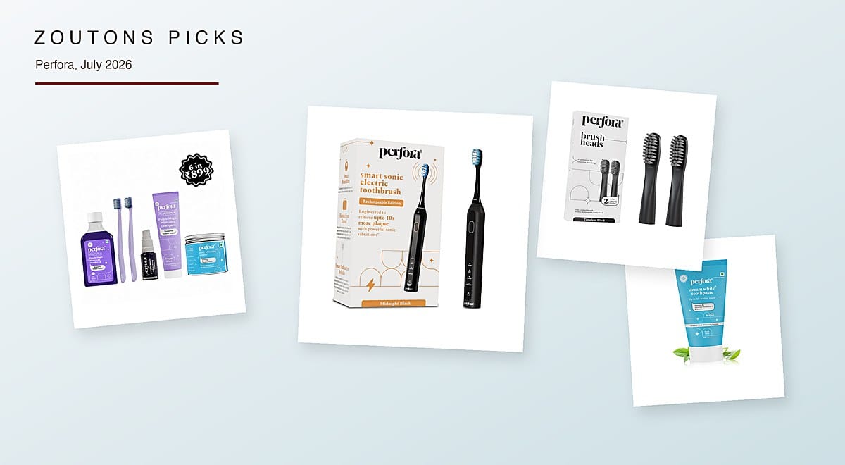 Perfora July 2026 Zoutons Picks collage — Smart Sonic rechargeable electric toothbrush, Purple Whitening Kit, replacement brush head and Dream White whitening toothpaste