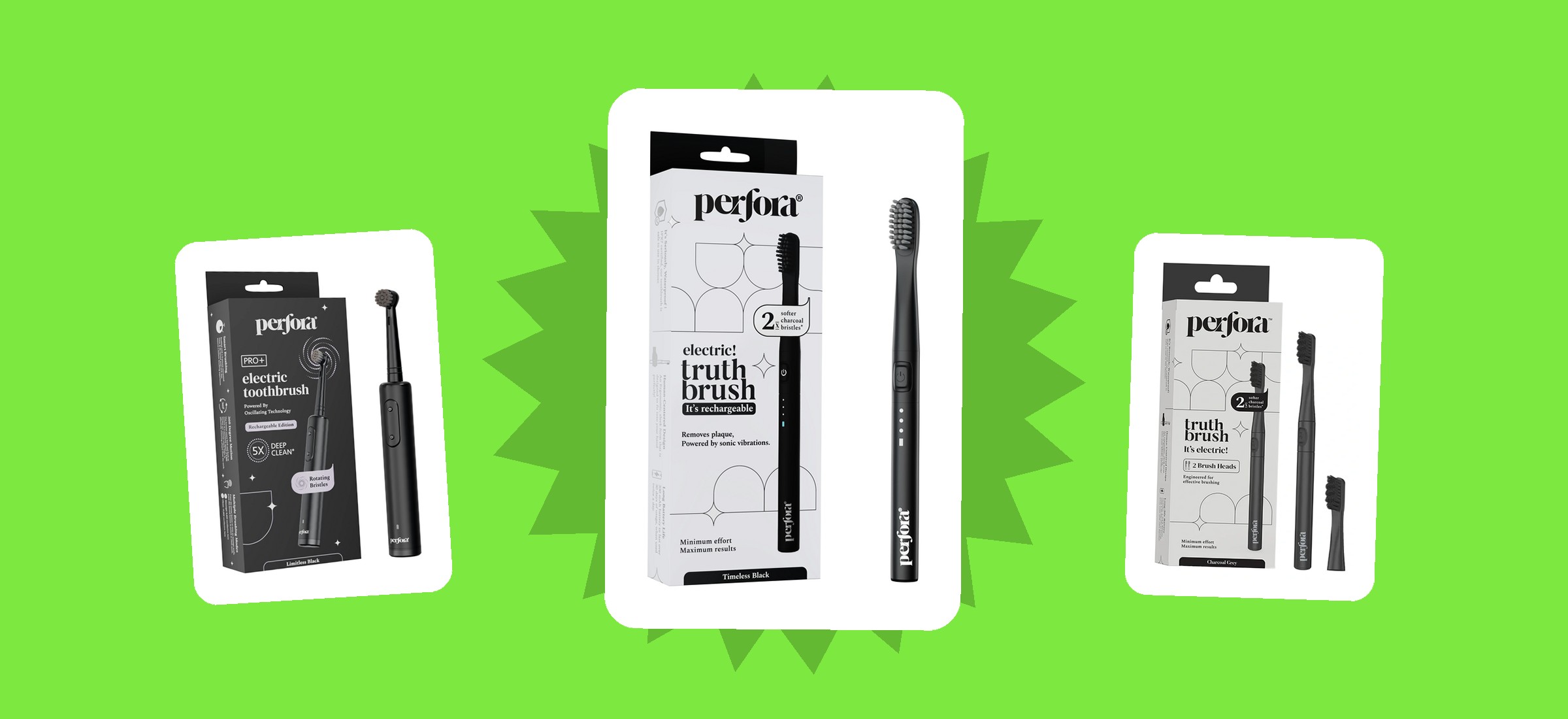 Perfora electric toothbrushes and brush heads in their retail packaging &mdash; the product category this refund policy singles out &mdash; shown as they appear in the brand's own photographs