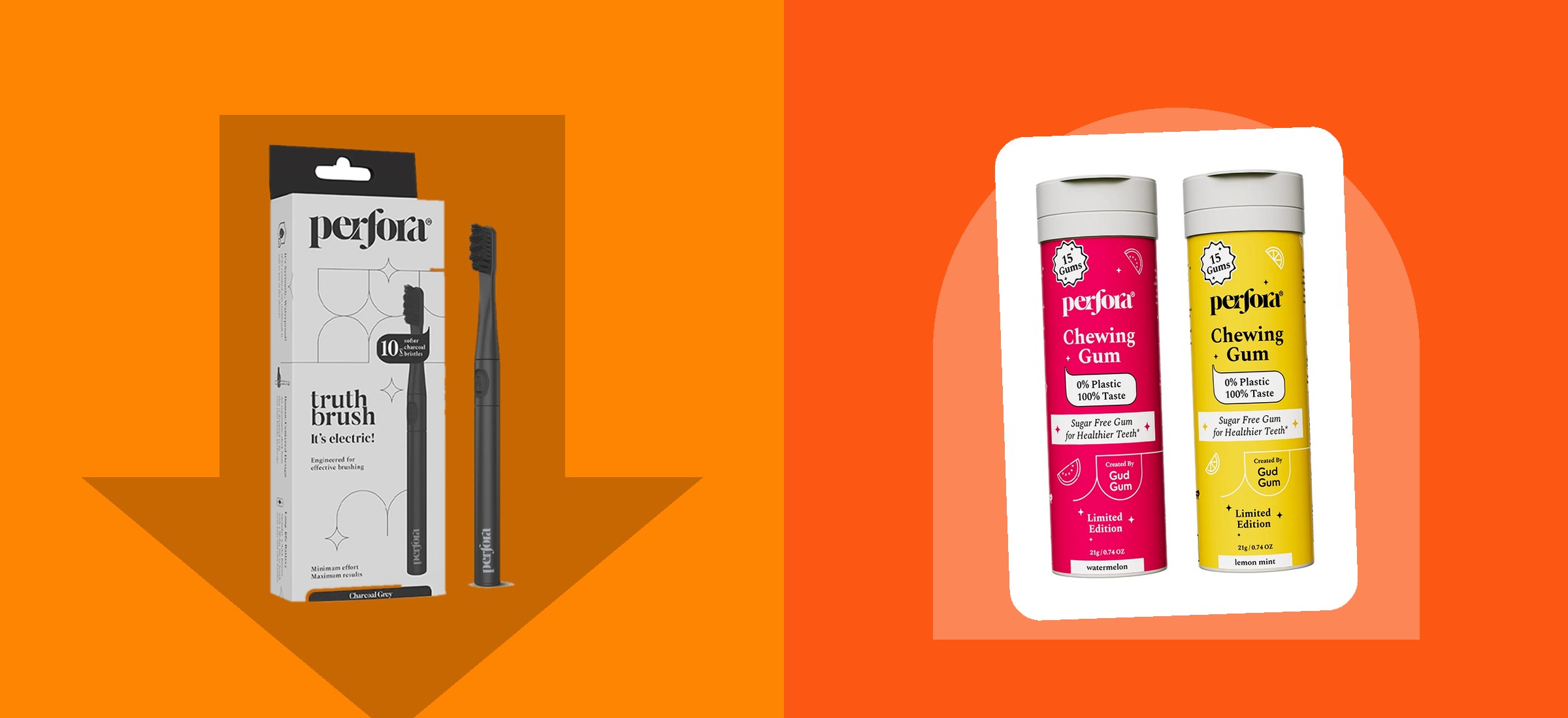 Perfora oral care products covered by this shipping policy - an electric toothbrush kit, toothpaste, mouthwash and chewing gum tins - shown as they appear in the brand's own product photographs