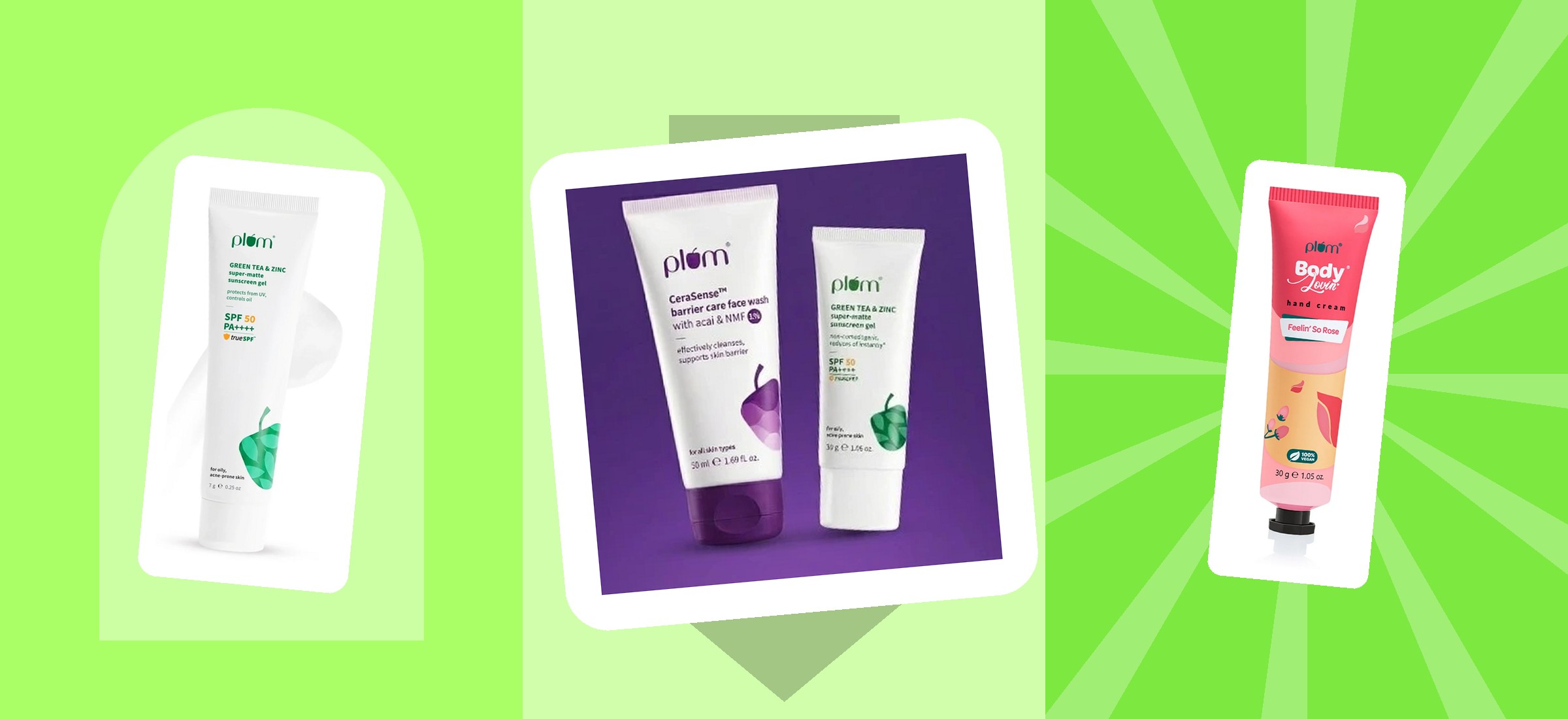 Plum skincare products covered by this return policy - face wash tubes, a sunscreen and a body lotion - shown as they appear in the brand's own product photographs