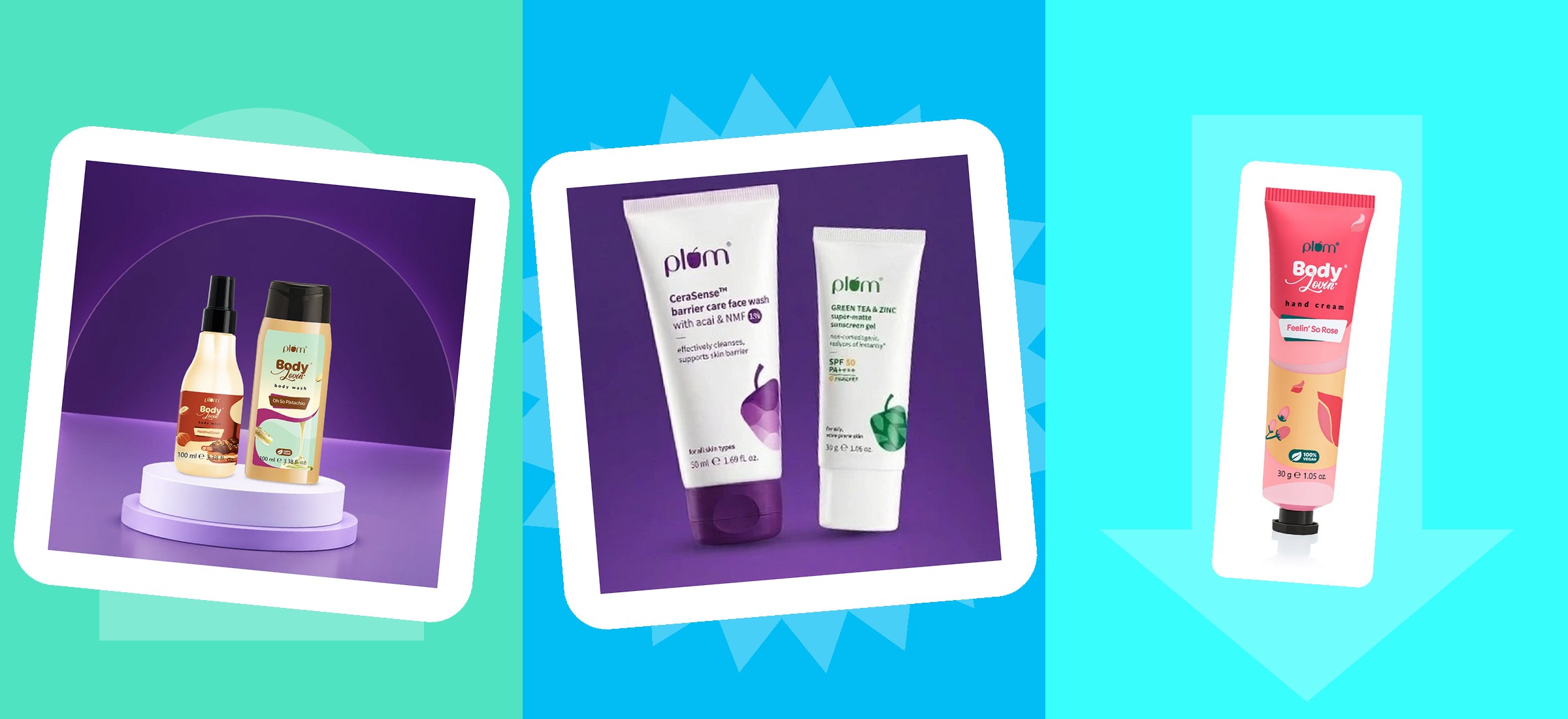 Plum skincare and bodycare products of the kind this user agreement governs, shown as they appear in their own product photographs