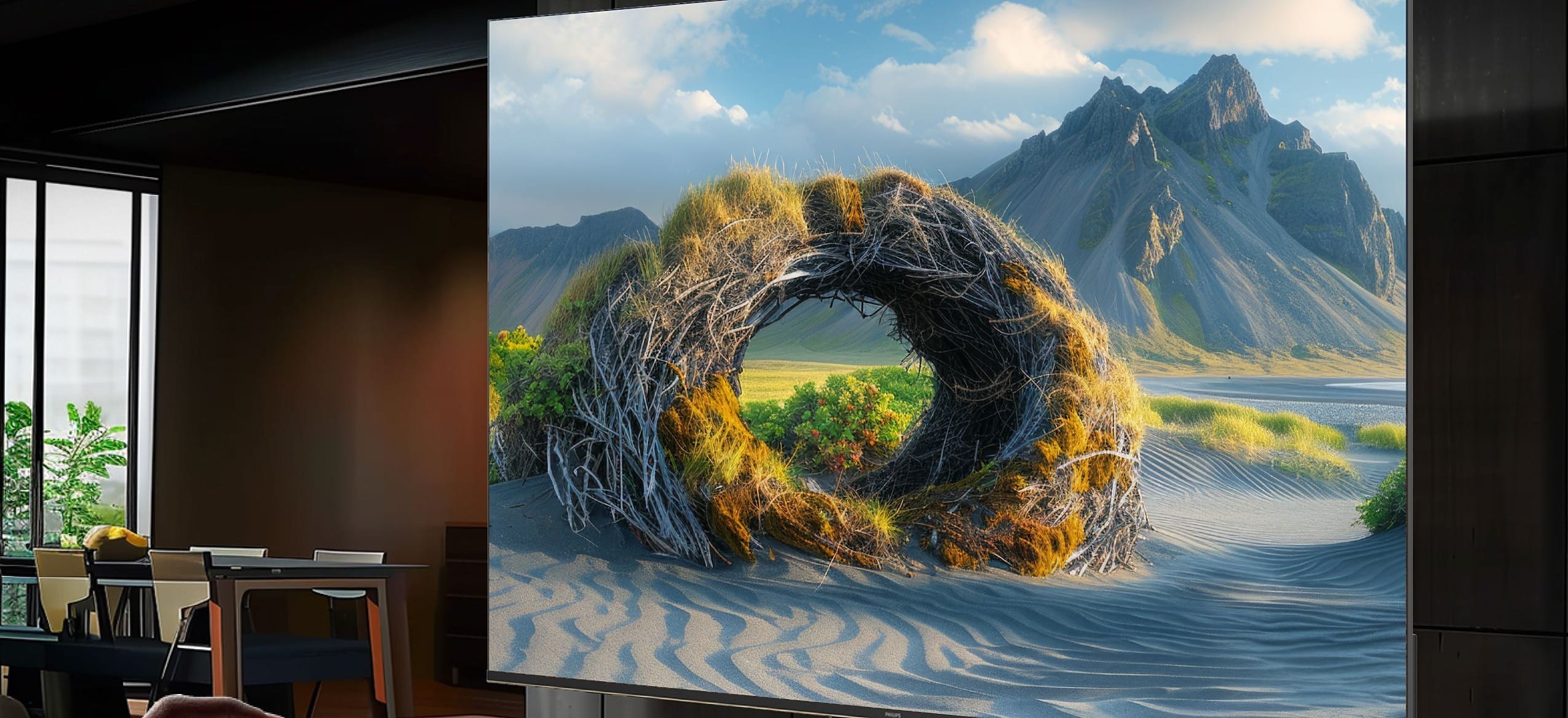 A large 4K television mounted in a modern living room showing a landscape scene - the television category this Reliance Digital August 2026 price read covers, from Rs. 8,000 to Rs. 5,19,990