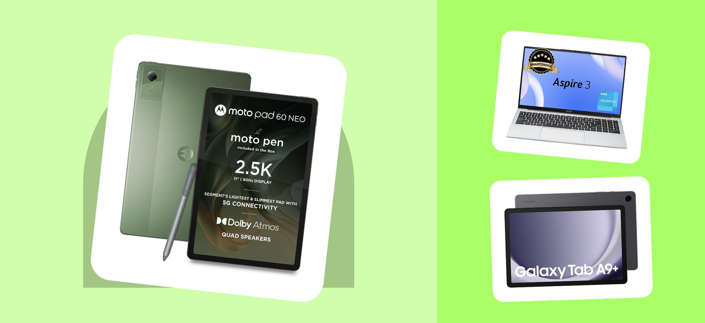 Tablets and a laptop from this read - the Motorola Pad 60 Neo, Acer Aspire 3 and Samsung Galaxy Tab A9+ shown on colour panels; this page prices Reliance Digital's tablet and laptop shelf for August 2026