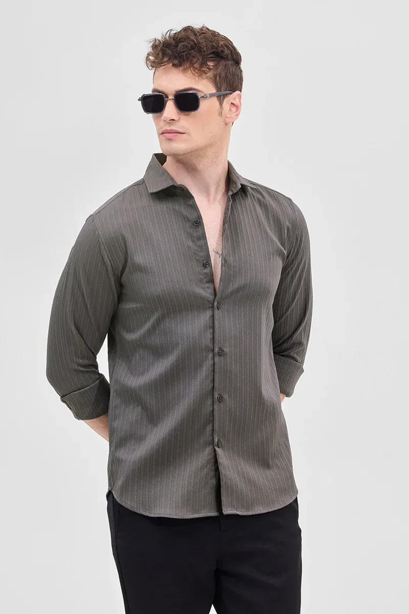 Grey Self-Design Slim Fit Shirt