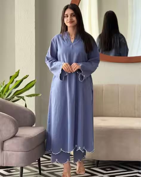 SVARAA Blue Women Embroidered Straight Kurta Set