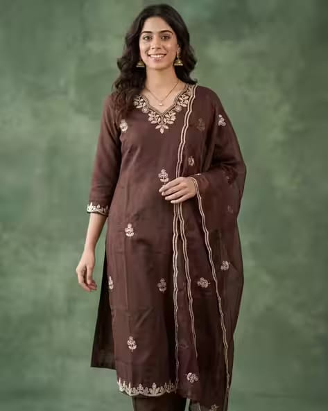 SVARAA Coffee Women Embroidered 3-Piece Straight Kurta Set
