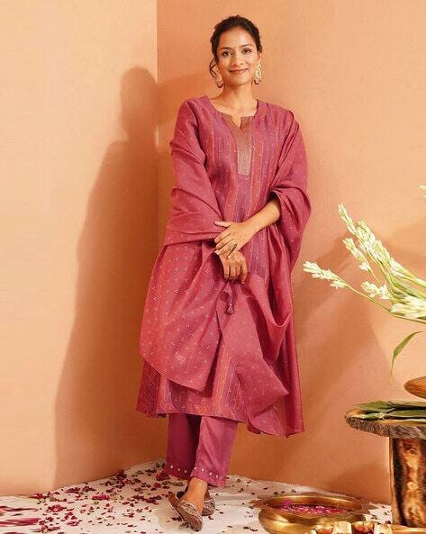 SVARAA Pink Women Embroidered Straight Kurta Set with Dupatta