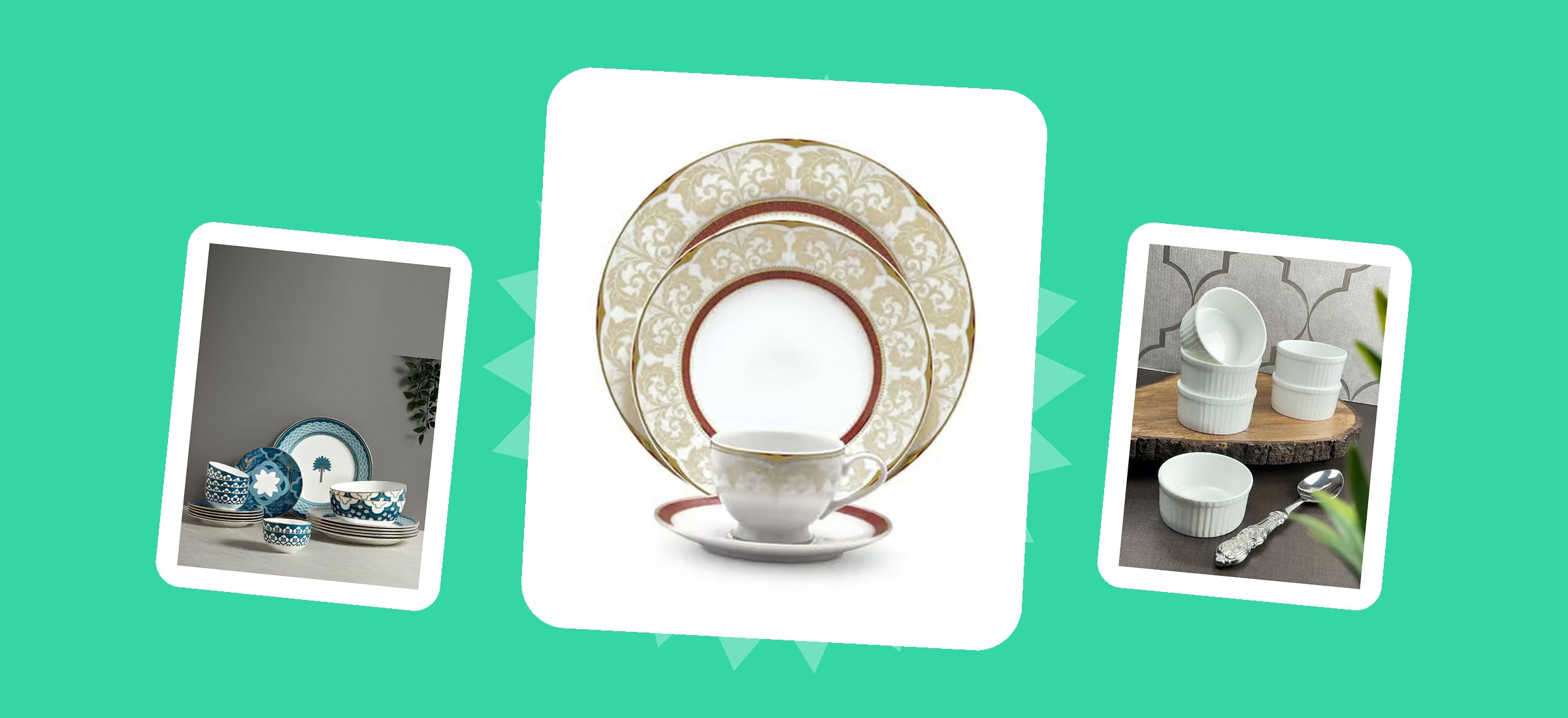 Multi-piece tableware sets of the kind Tata CLiQ's missing-items clause governs, shown as they appear in their own listing photographs