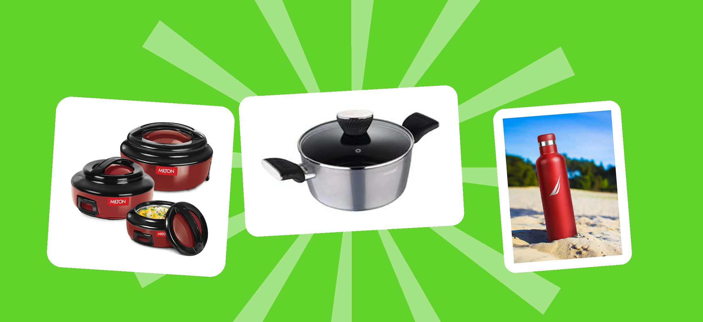 Milton Ernesto casserole sets, a tri-ply cookware pot and a Nautica insulated flask from this read, shown in their own Tata CLiQ listing photographs