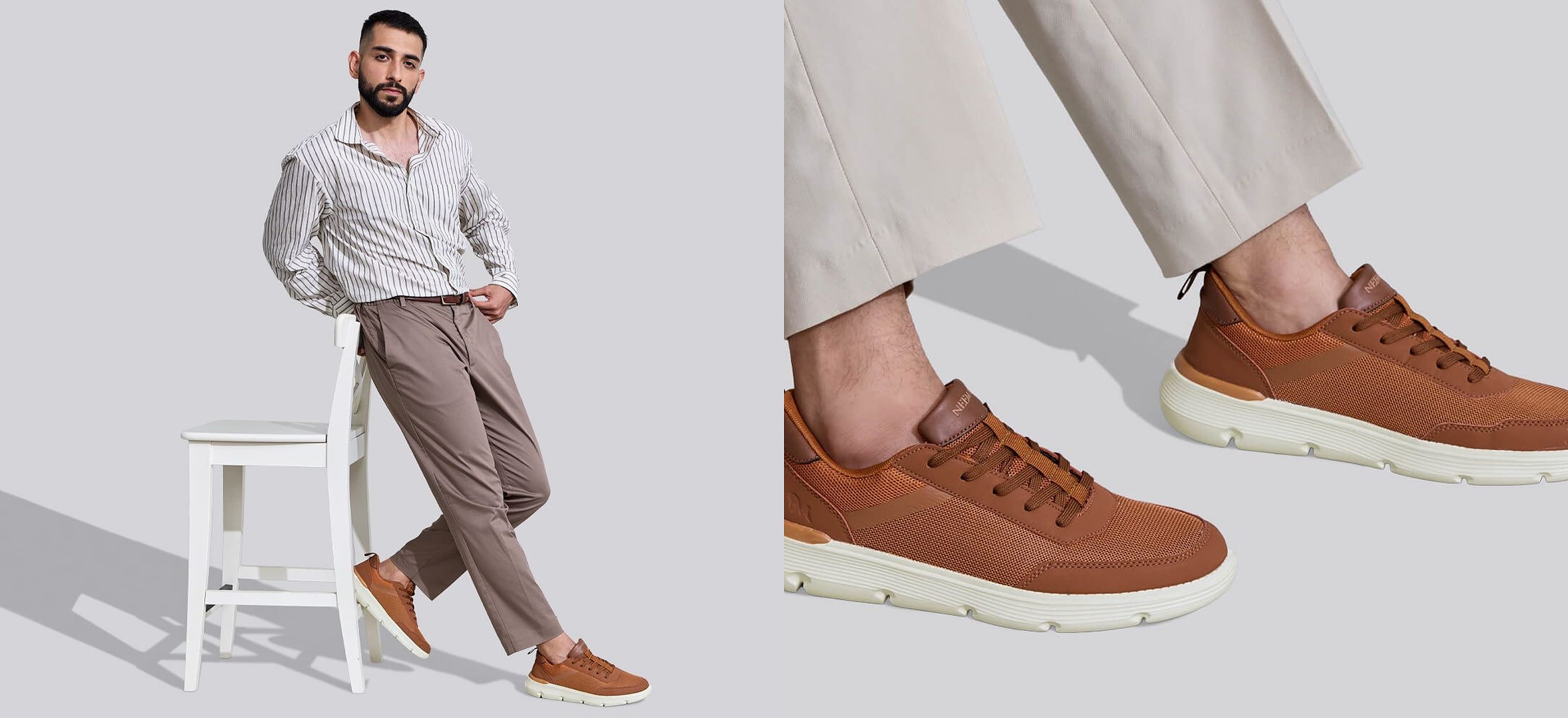 A man in trousers wearing tan sneakers, and a close crop of the same shoes worn - the casual footwear category this Tata CLiQ August 2026 price read covers, from Rs. 356 to Rs. 4,900