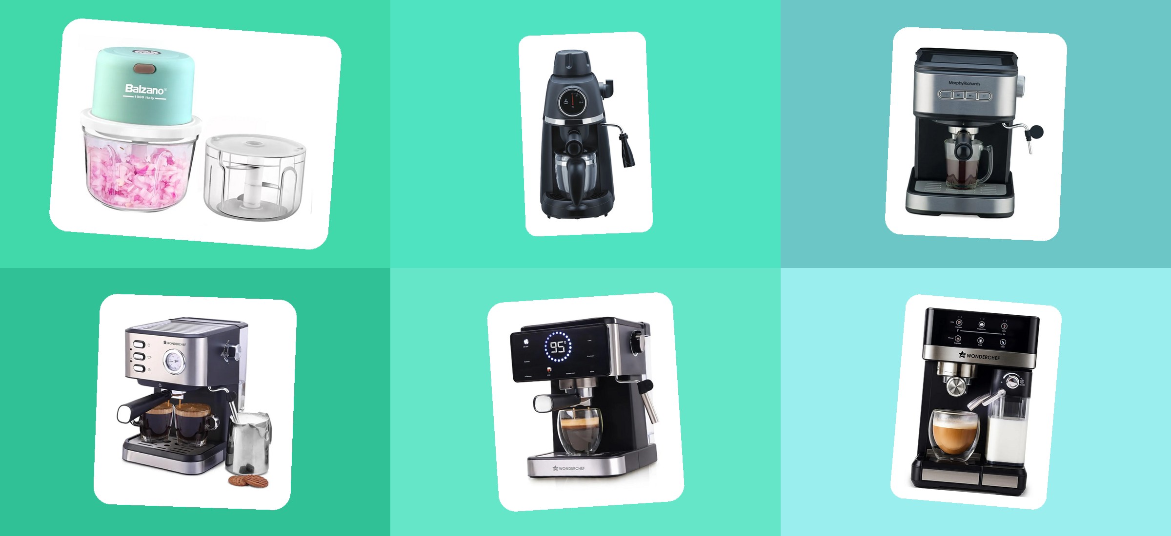 Five espresso coffee machines and an electric chopper from this read of Vijay Sales' pages, in their own listing photographs - the two categories the title names