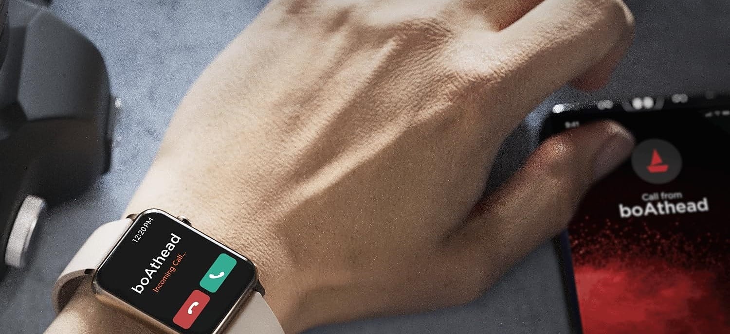 A smartwatch worn on a wrist taking a call, from boAt's smartwatch campaign photography