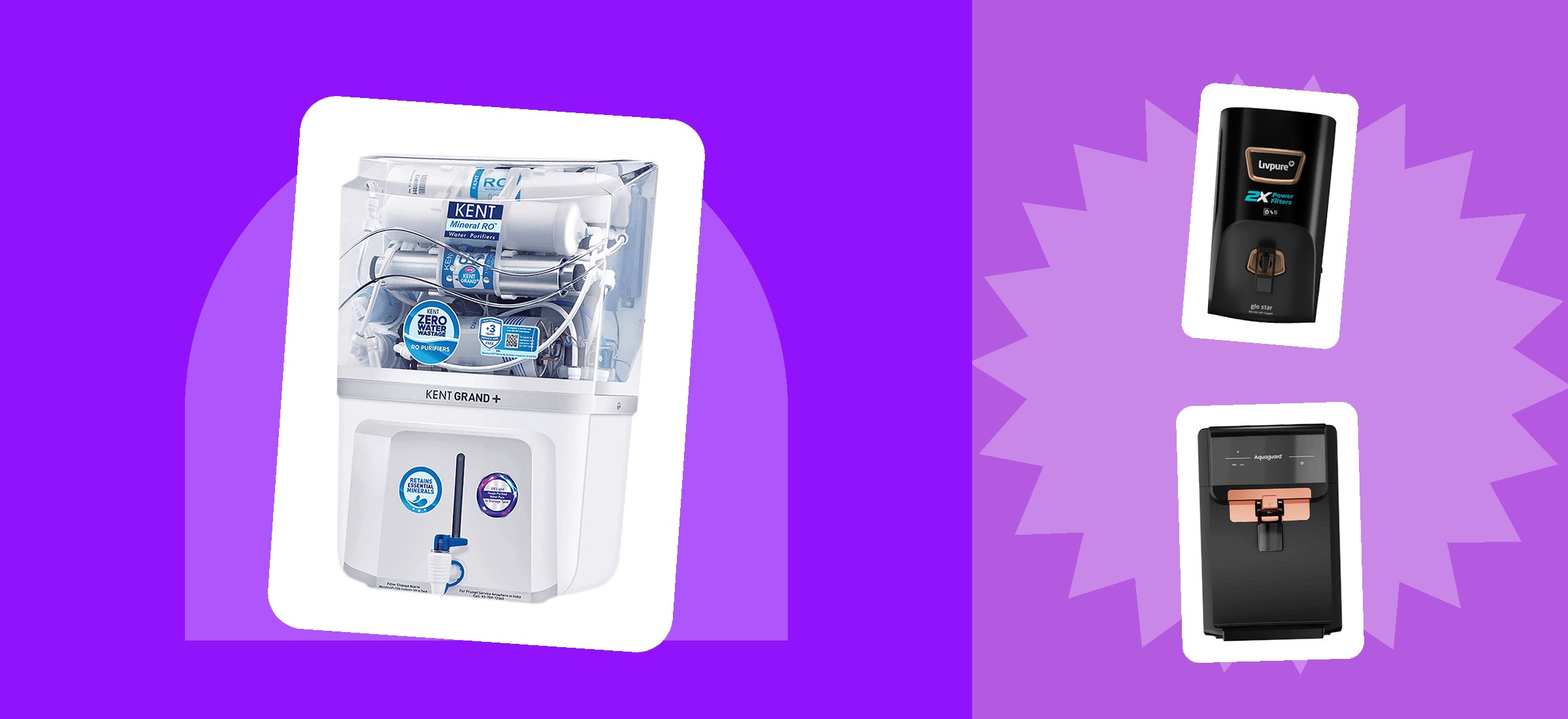 A KENT Grand Plus and an Aquaguard water purifier from Croma alongside a Livpure from Amazon, the shelves compared on this page, on a colour-block layout