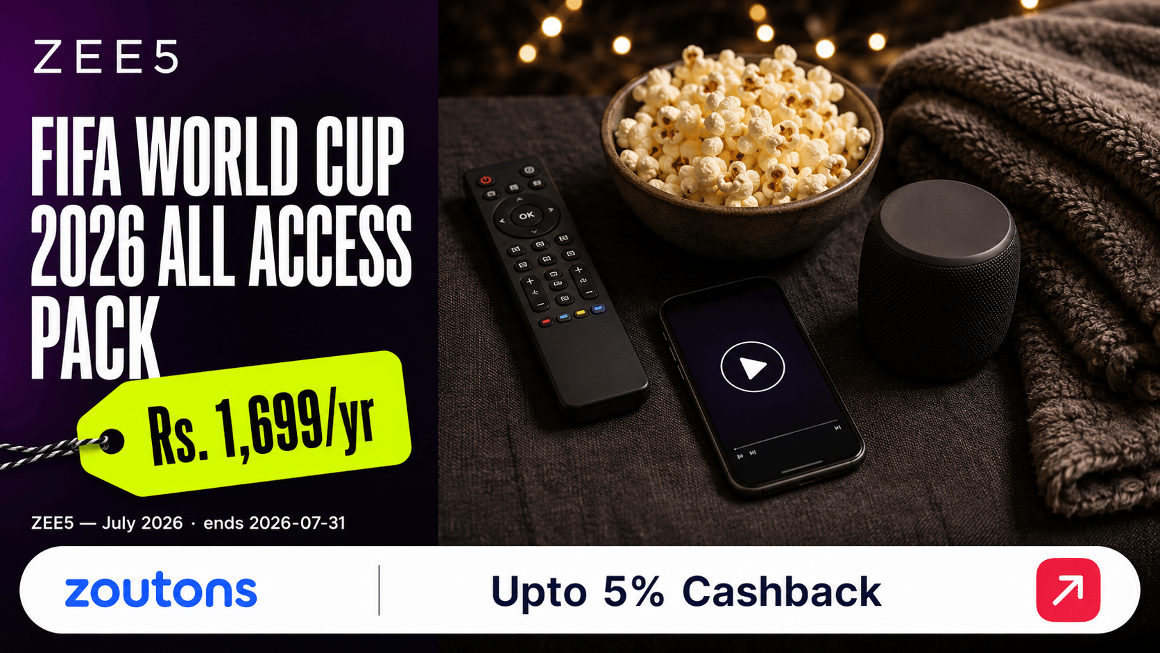 ZEE5 FIFA World Cup 2026 + All Access Annual Pack — Stream All 104 Matches Live for Rs. 1,699/yr