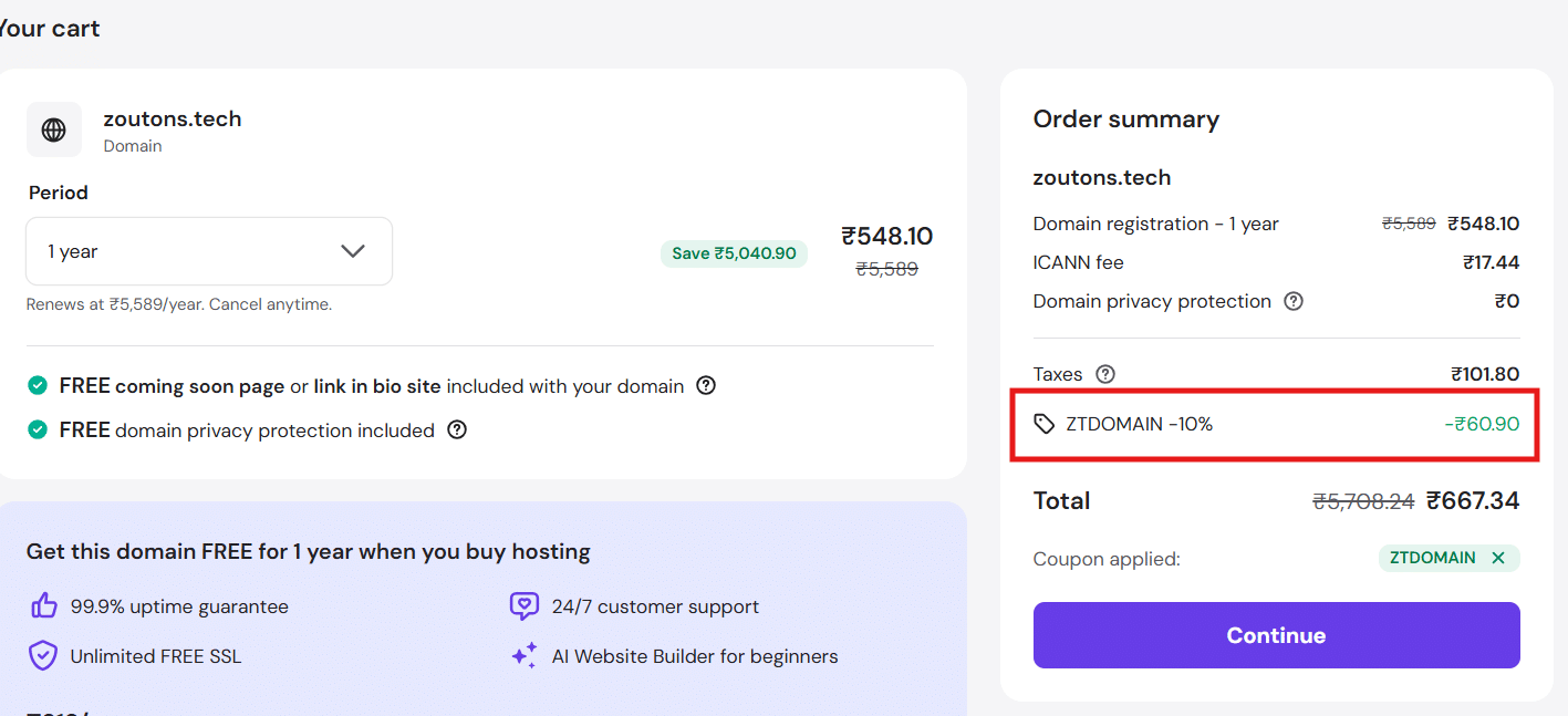 Coupon working proof for hostinger 