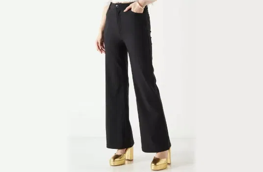 Solid Flared Pants with Button Closure and Pockets