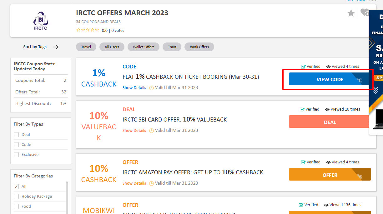 IRCTC Offers and Coupons Get Rs.100 Cashback Coupon Code November 2023