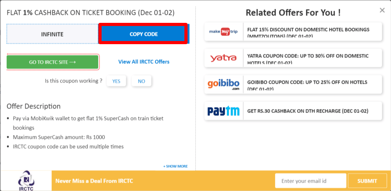 IRCTC Offers and Coupons Get Rs.100 Cashback Coupon Code June 2024
