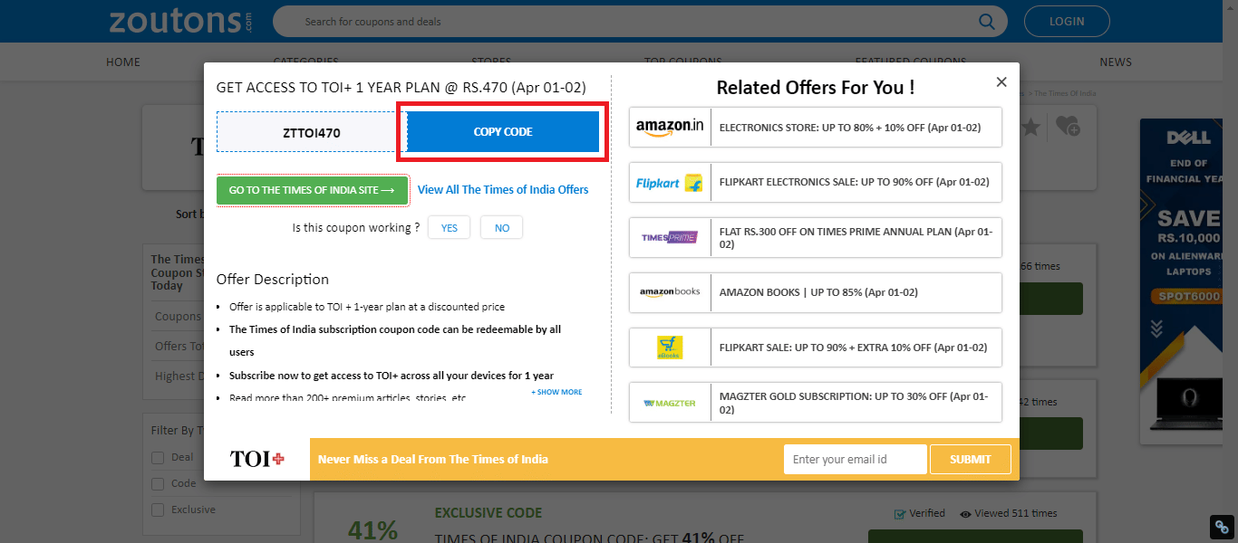 Times of India Coupons & Offers Up to Rs.319 off January 2024