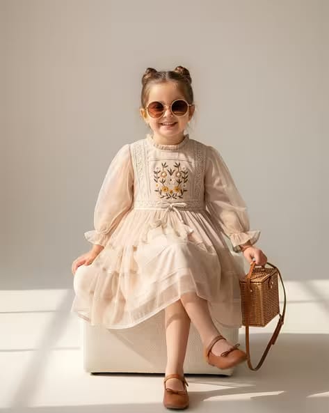 Bella moda Girls Embroidered Fit and Flare Dress with Puff Sleeves AJIO sale