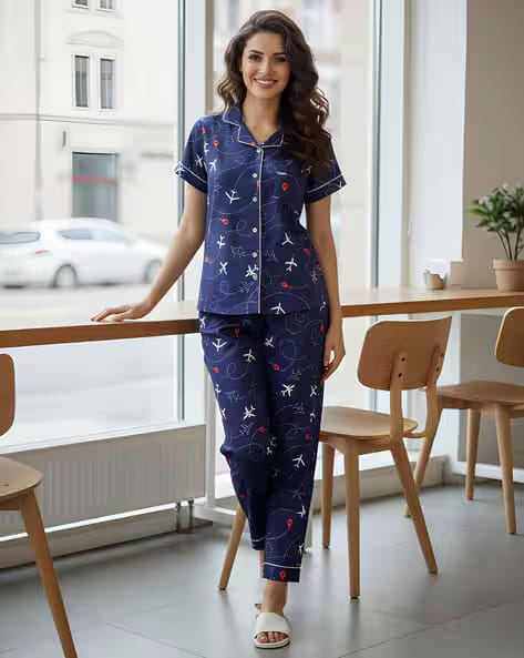 Jade & Julie Women Graphic Print Shirt & Pyjamas Nightwear Set AJIO sale