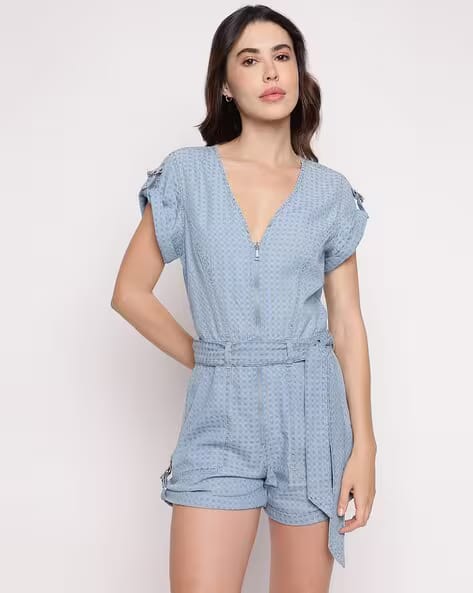 GUESS Women Checked Jumpsuit with Short Sleeves AJIO sale