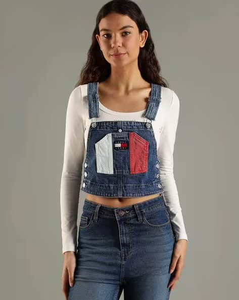 TOMMY HILFIGER Cropped Fit Cotton Square Neck Dungaree Top AJIO sale