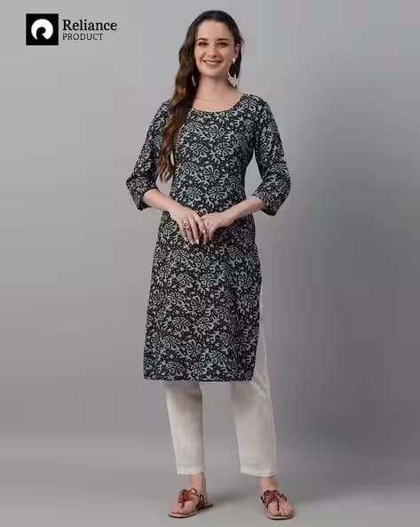 FASHION WORLD Women Floral Print Round-Neck Straight Kurta AJIO sale